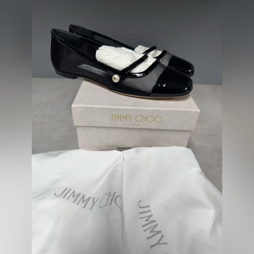 NIB- Jimmy Choo Black Patent Leather Elisa Flats with Pearl Accent
